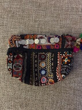 Handcrafted Multicolor Embroidered Women's Clutch with Coin Trim